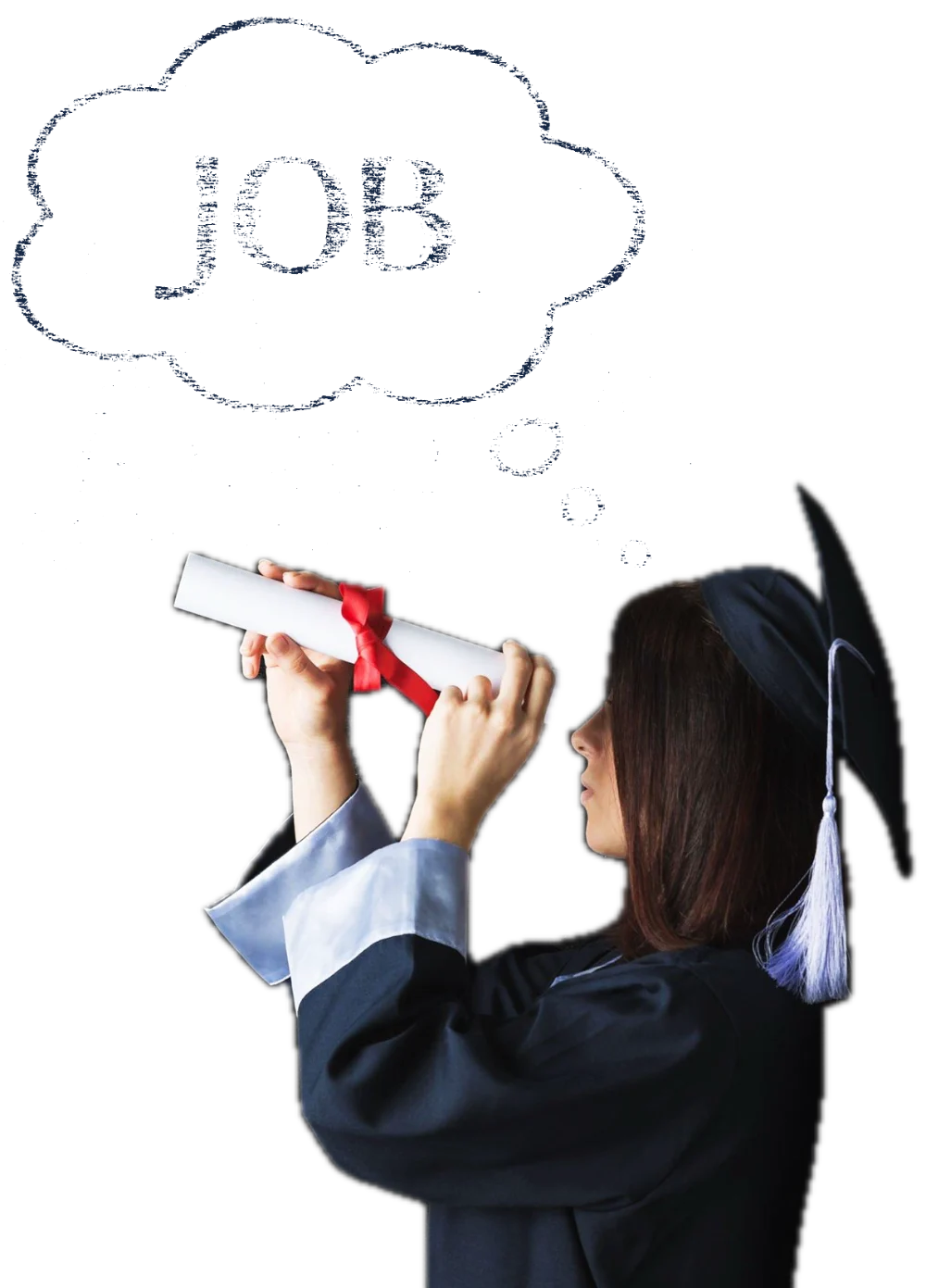 A graduate in cap and gown looking through her rolled-up degree, dreaming of a job.